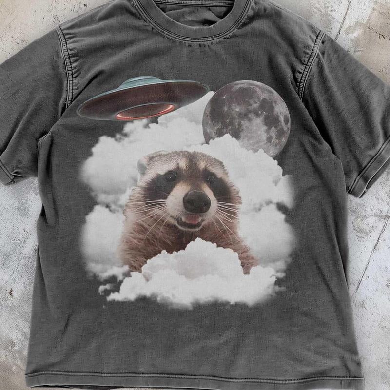 [ Mineral Wash ] Vintage Raccoon Ufo TShirt , Funny Trash Panda Selfie Graphic Tee , Vintage Style Possum Washed, Wldlife...
