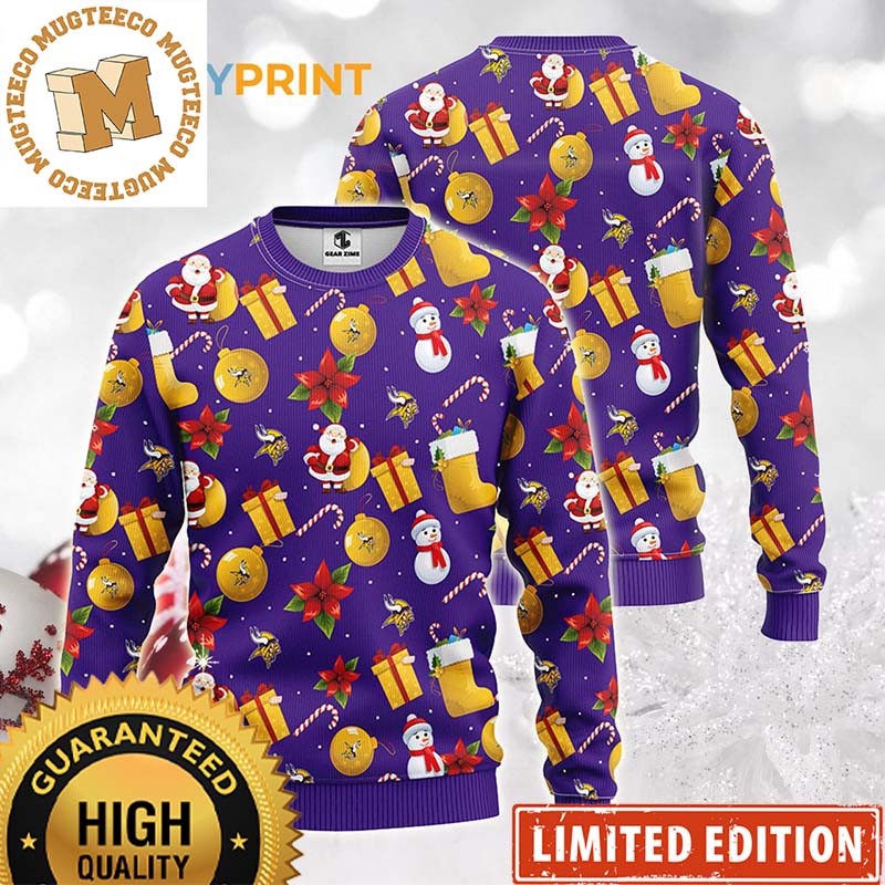 Minnesota Vikings Santa Claus Snowman Pattern Christmas Ugly Sweater