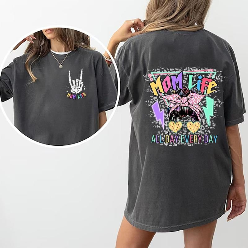 Mom Life All Day Everyday Shirt, Messy Bun Mom Graphic Printed Short Sleeve, Retro Mom Shirt, Mama Shirt, Mommy Shirt,...