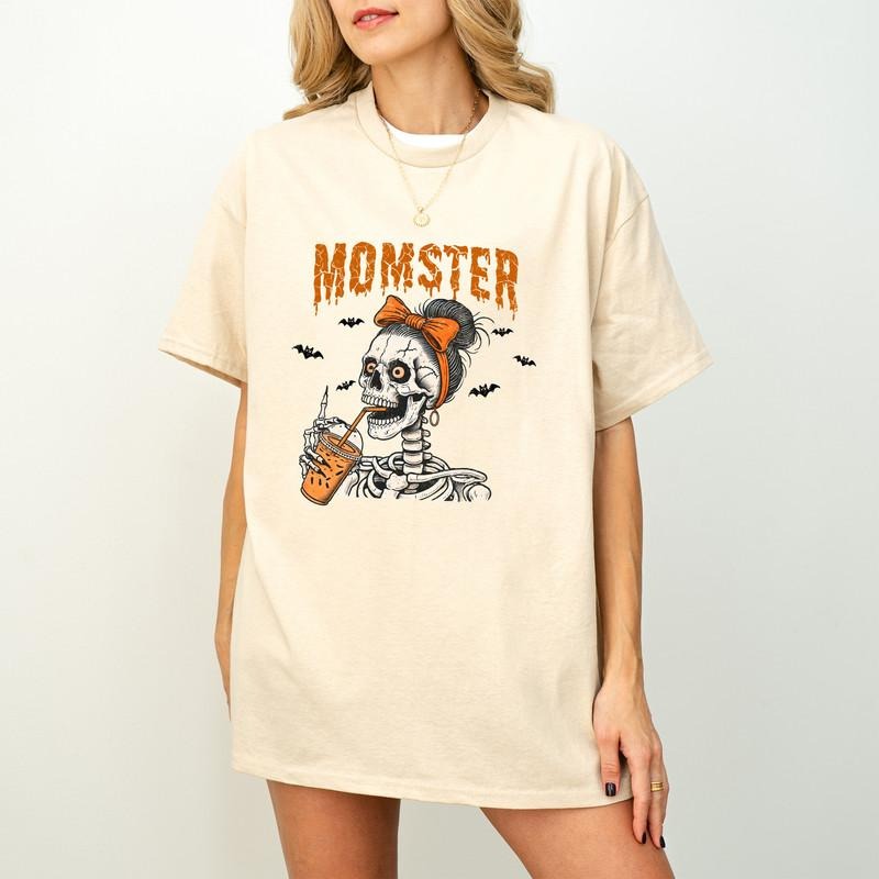 Momster Skeleton Shirt,Funny Skeleton Tee,Mom Funny Shirt Gift,Halloween Skeleton Mom Shirt,Messy Bun Funny Mom...