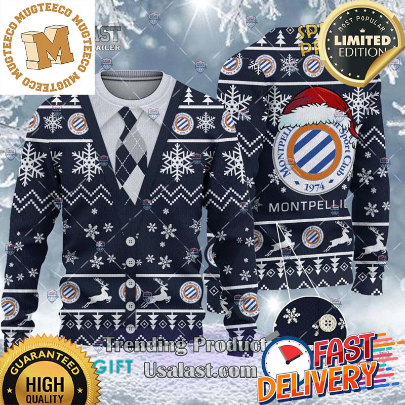 Montpellier HSC Ligue 1 Cardigan Ugly Christmas Sweater For Holiday 2023 Xmas Gifts