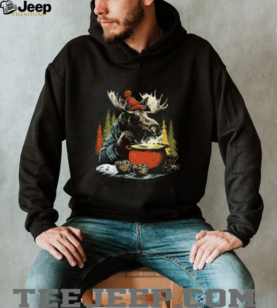 Moose Cooking Soup in Winter Forest Cabin Life T Shirt