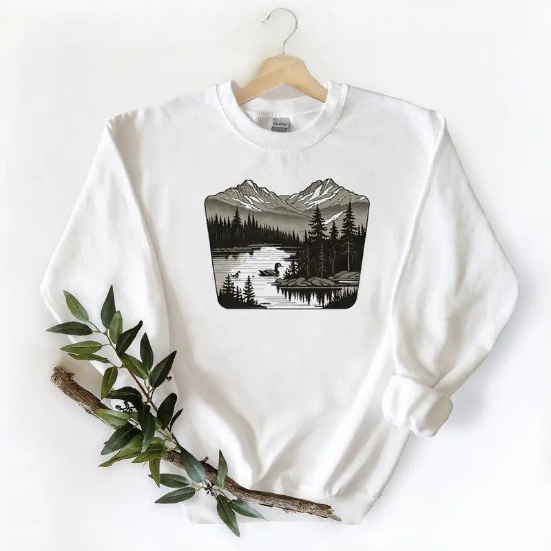 Mountains, Lake, Evergreens, Small Duck Unisex Tshirt Sweatshirt Hoodie, for duck hunters, husbands and Mallard duck lovers