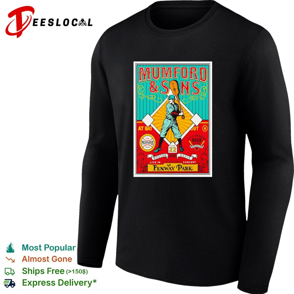 Mumford and Sons player swinging guitar bat Fenway Park Boston shirt