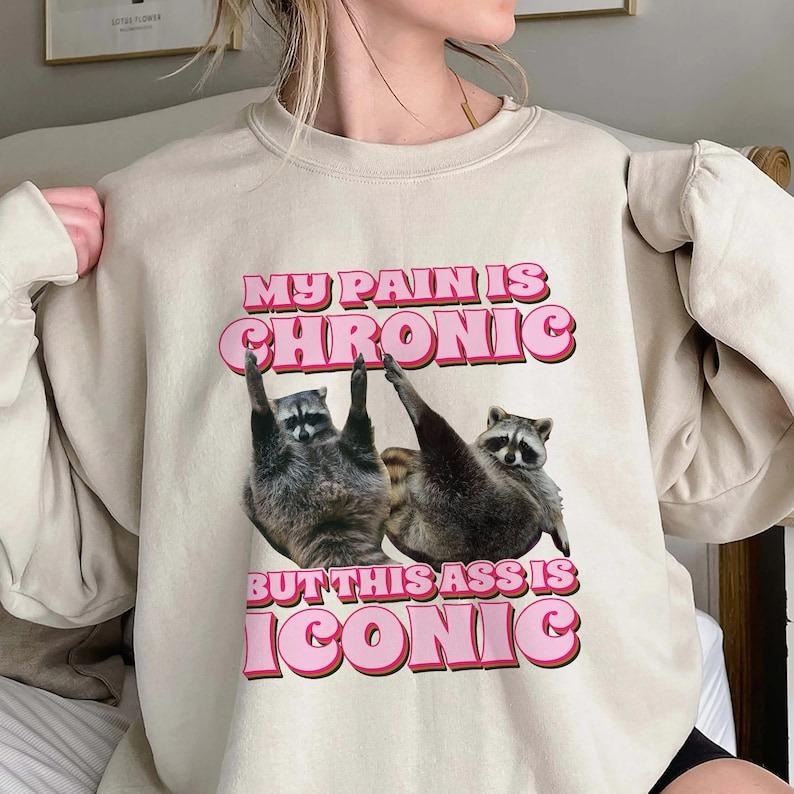 My Pain Is Chronic But This Ass Is Iconic Sweatshirt, Funny Raccoon Meme Sweatshirt, Trending Unisex Tee Sweatshirt, Unique Gift,This Ass Is Iconic