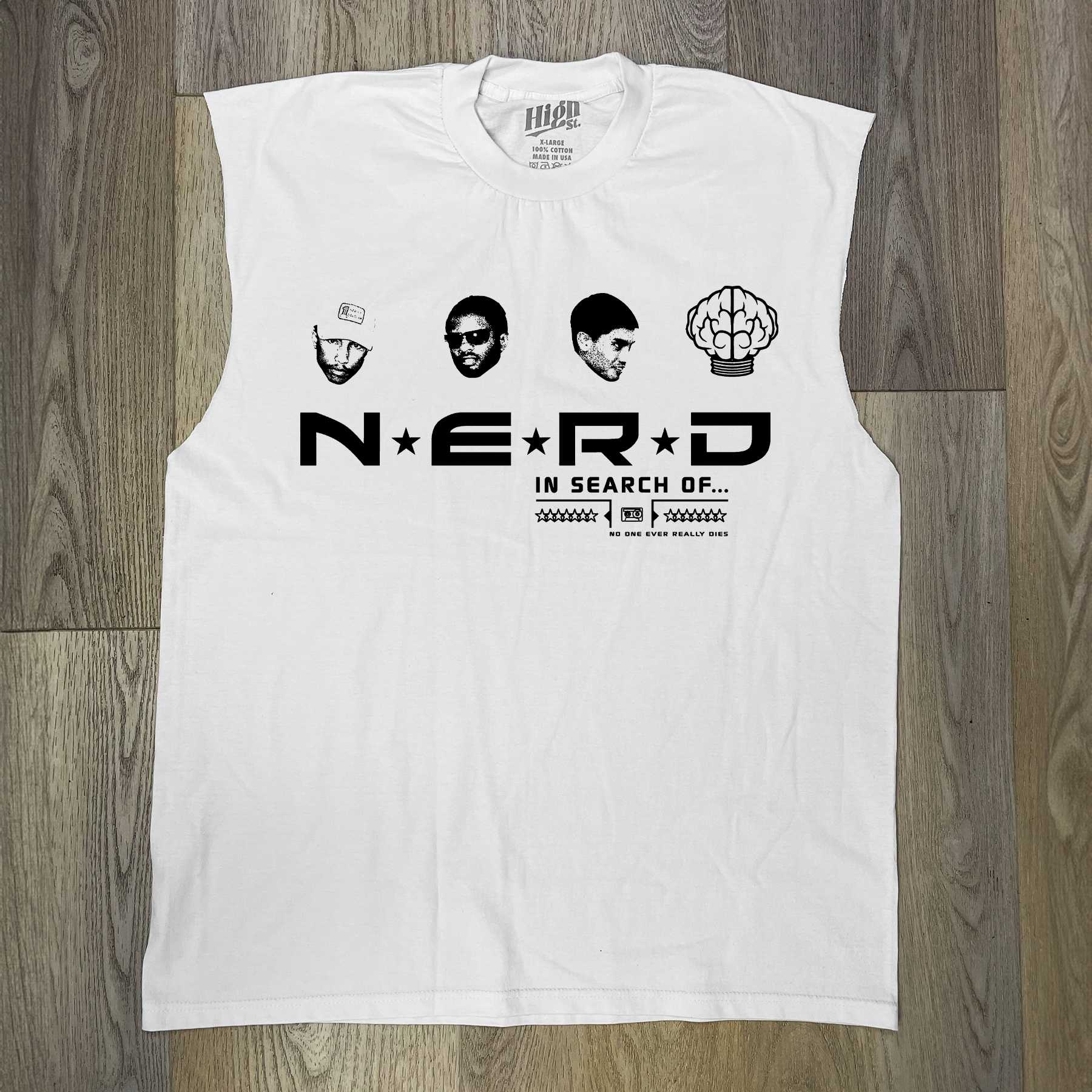 VINTAGE N.E.R.D 2002 'IN SEARCH OF' MERCH HEAVYWEIGHT WHITE CUT-OFF T-SHIRT Hoodie, Sweatshirt | CiraTrend.com (Image 1)