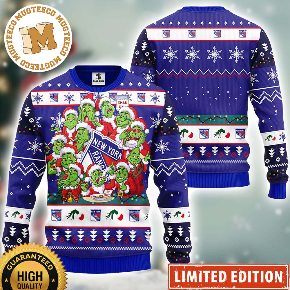 NHL New York Rangers Cute 12 Grinch Faces Xmas Day Men And Women Ugly Christmas Sweater