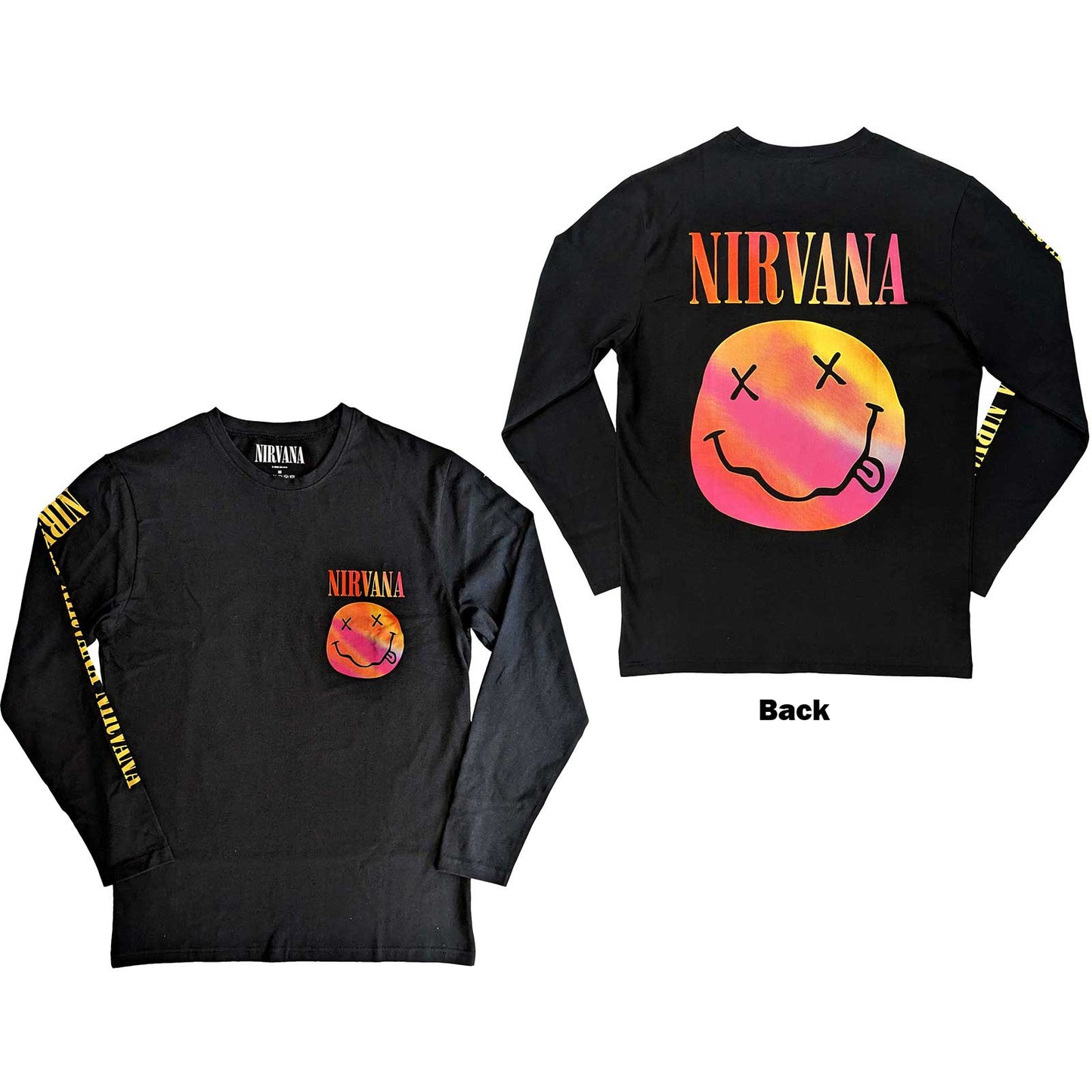 Nirvana Unisex | Official Band Long Sleeve T-Shirt | Gradient Happy Face (Back & Sleeve Print)