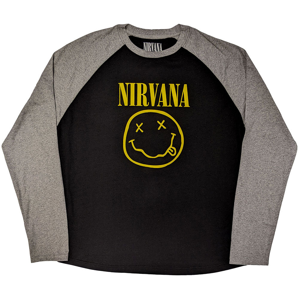 Nirvana Raglan T-Shirt: Yellow Happy Face (Black & Grey)