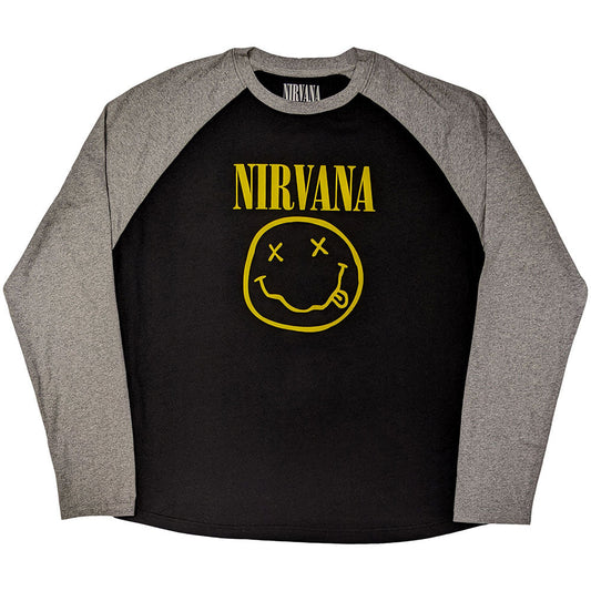 Nirvana Raglan T-Shirt: Yellow Happy Face (Black & Grey)