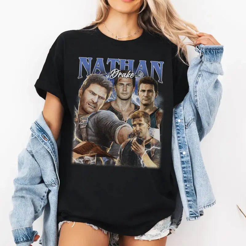 Nathan Drake Uncharted Vintage T-Shirt,  Nathan Drake Uncharted 4 Shirt, Retro Style, Gift For Gaming Lovers Casual...