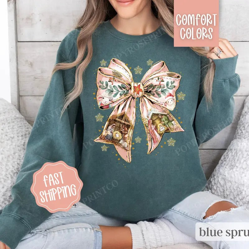 Nativity Bow Christmas Sweatshirt Comfort Colors,  Religious Christmas Sweater Womenswear,  Holiday Crewneck T-Shirts, Hoodie