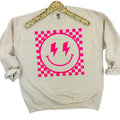 Neon Pink Checkered Happy Face Sweatshirt T-Shirts, Hoodie | CiraTrend.com