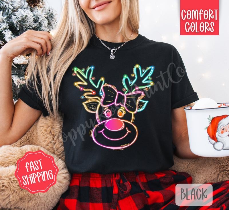 Neon Reindeer Shirt Comfort Colors, Trendy Women's Christmas Tshirt