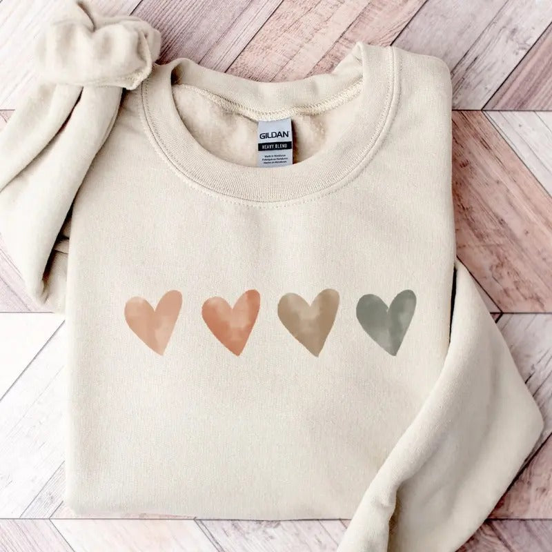 Neutral Watercolor Heart Sweatshirt for Women Heart Lover Gift Love Sweater Cute Valentine's Day Sweater for Women Ladies Heart Top