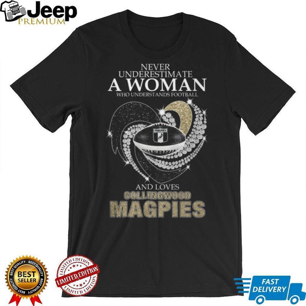 Never Underestimate A Woman Who Loves Collingwood Magpies Glitter Heart T Shirt