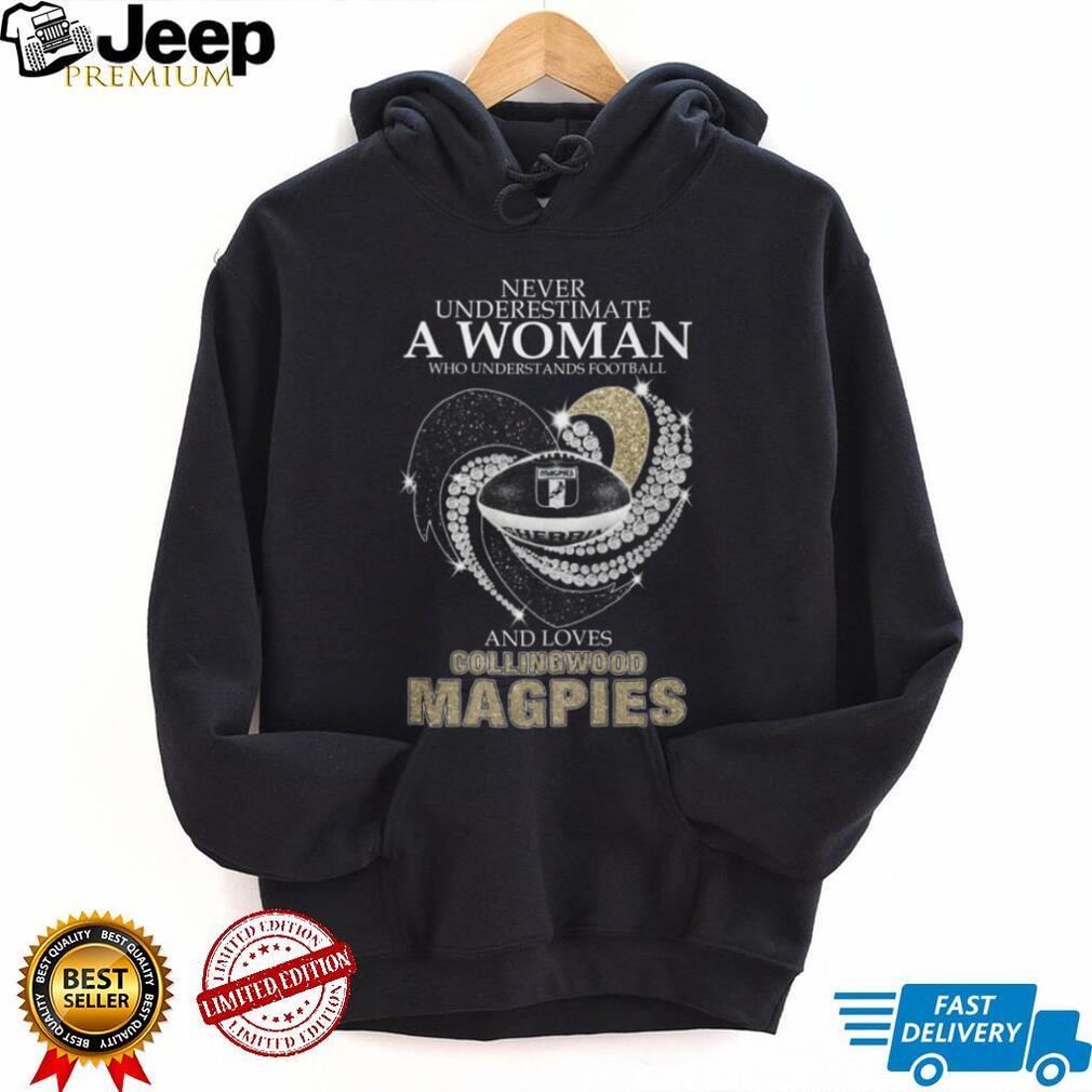 Never Underestimate A Woman Who Loves Collingwood Magpies Glitter Heart T Shirt
