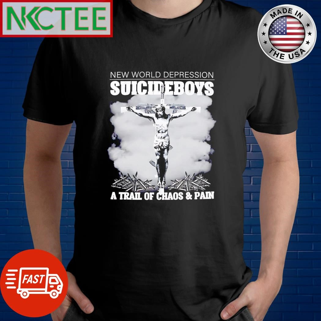 New World Depression Suicideboys a trail of chaos and pan x Jesus crown AK47 and bullets shirt