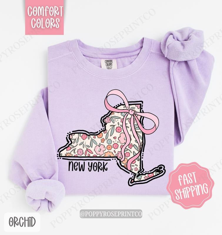 New York Floral Comfort Colors Sweatshirt, New York Sweatshirt, Cute Bow New York Sweatshirt T-Shirts, Hoodie | CiraTrend.com