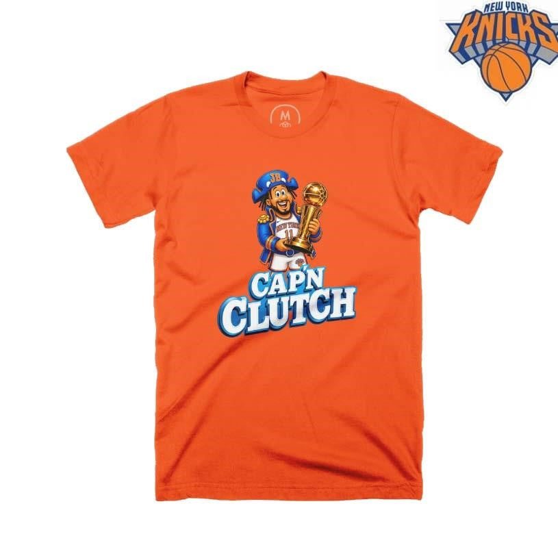 New York Knicks Champions NBA 2026 Capn Clutch Jalen Brunson Larry O Brien Trophy Orange Shirt