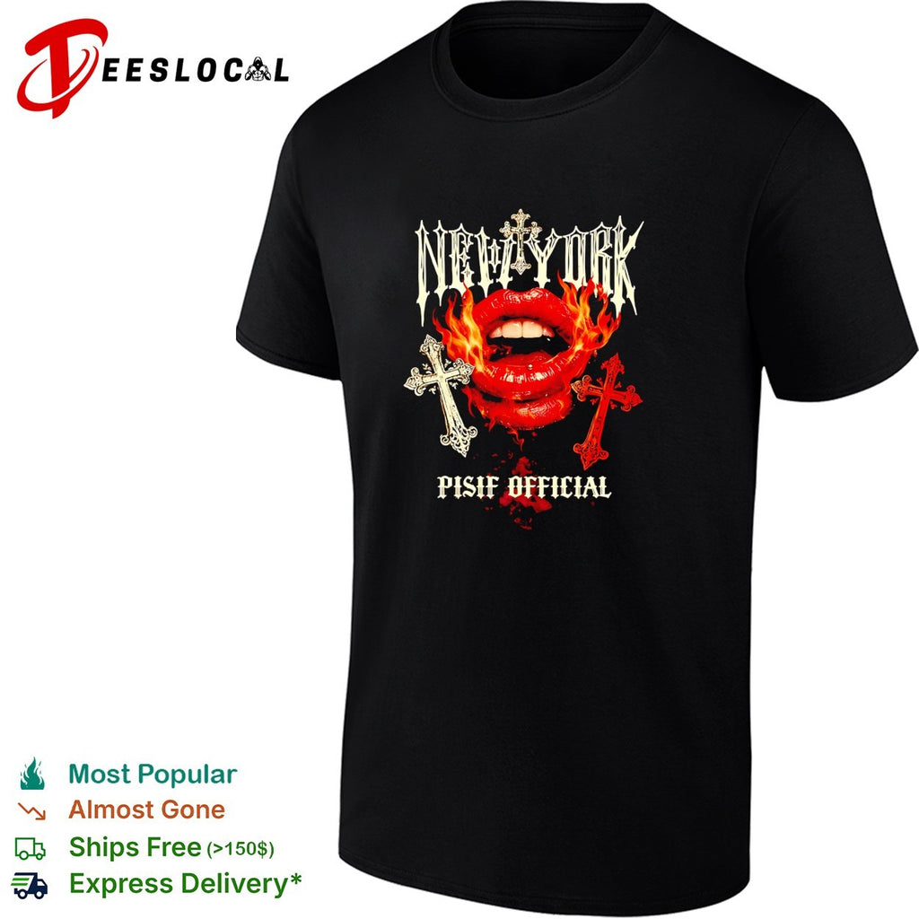 New York Pisif Official fire lips cross skull shirt