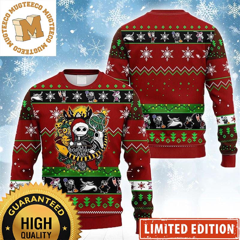 Nightmare Before Christmas Jack Skellington Christmas Plan Snowflakes And Chevron Pattern Red Holiday Ugly Sweater