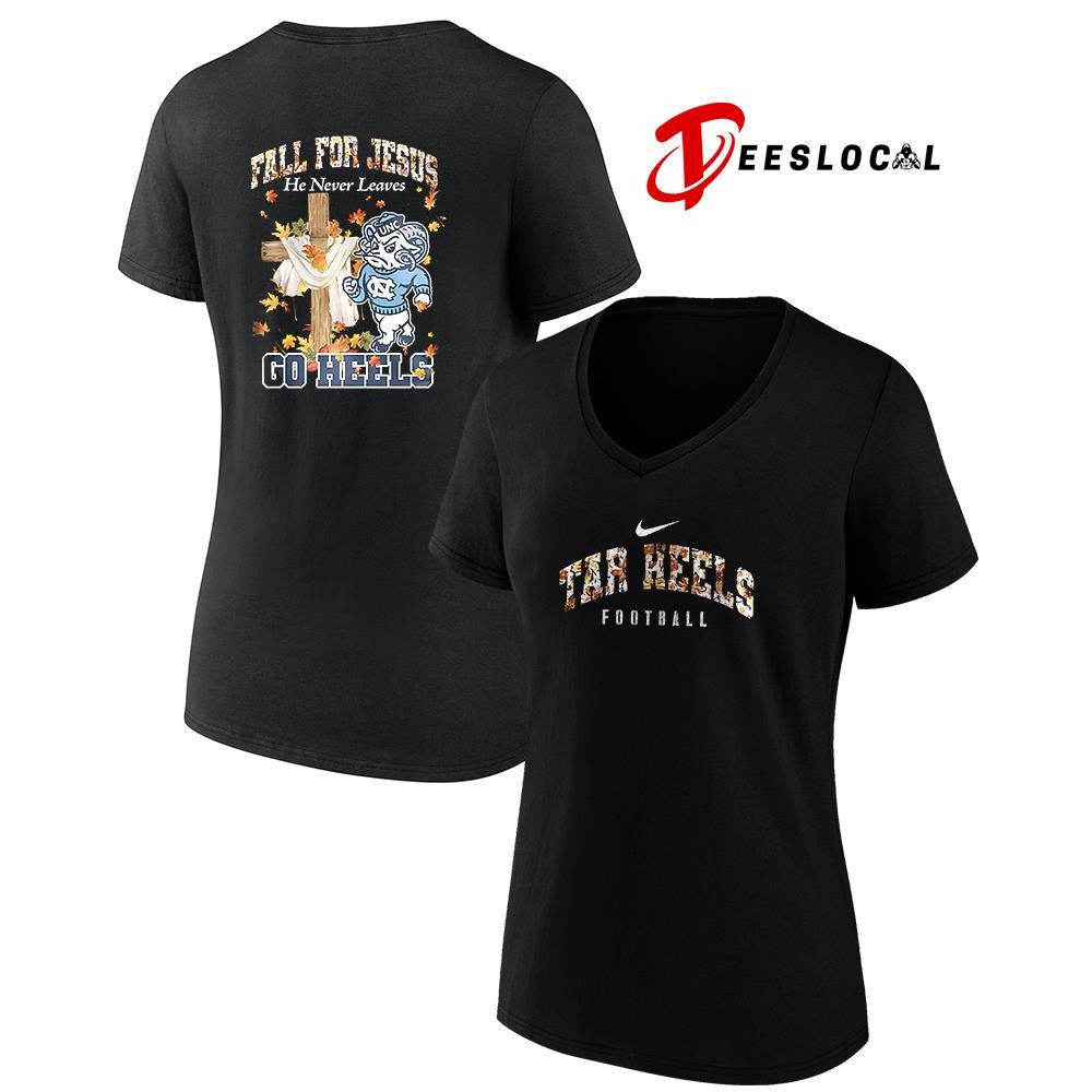 North Carolina Tar Heels x fall for Jesus he never leaves mascot shirt