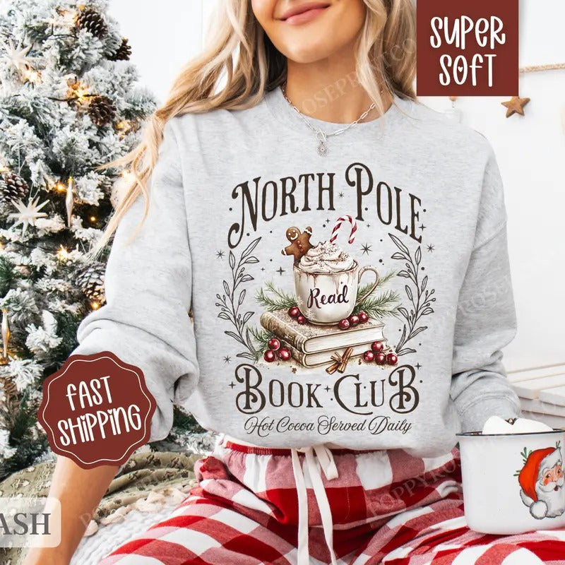 North Pole Book Club Sweatshirt, Merry Christmas Sweater, Women's Holiday Crewneck, Book Lover Gift T-Shirts, Hoodie