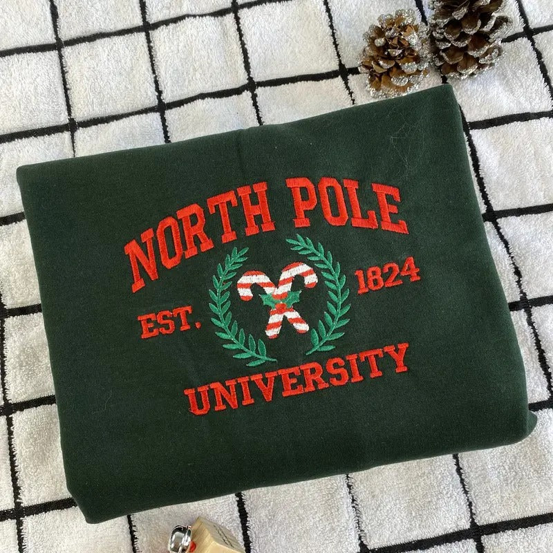 North Pole University Embroidered Sweatshirt - Candy Cane Christmas Sweatshirt - Christmas Embroidered Sweater T-Shirts,...