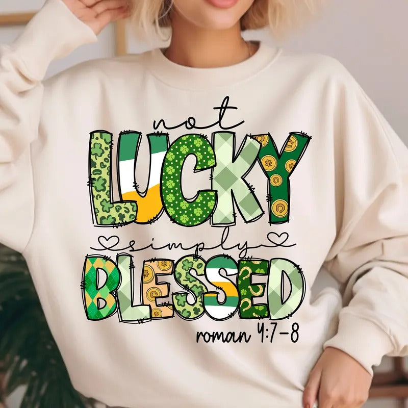Not Lucky Simply Blessed Roman 4:7-8 Irish Leopard Shamrock St Patrick's Day Graphic Printed Unisex Classic Cotton...