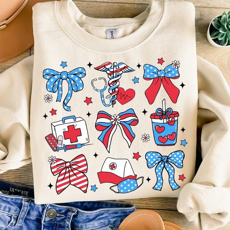 Nurse 4th of July Coquette t-shirt, Nurse America Bow t-shirt, Land of the Free, USA sweatshirt, Independence Day...