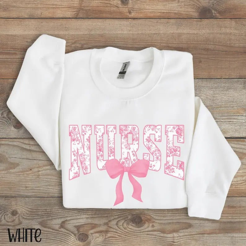Nurse Bow Sweatshirt, Pink Coquette Nurse Crewneck, Nurse Floral Sweatshirt, Toile de Jouy Registered Nurse Sweatshirt,...