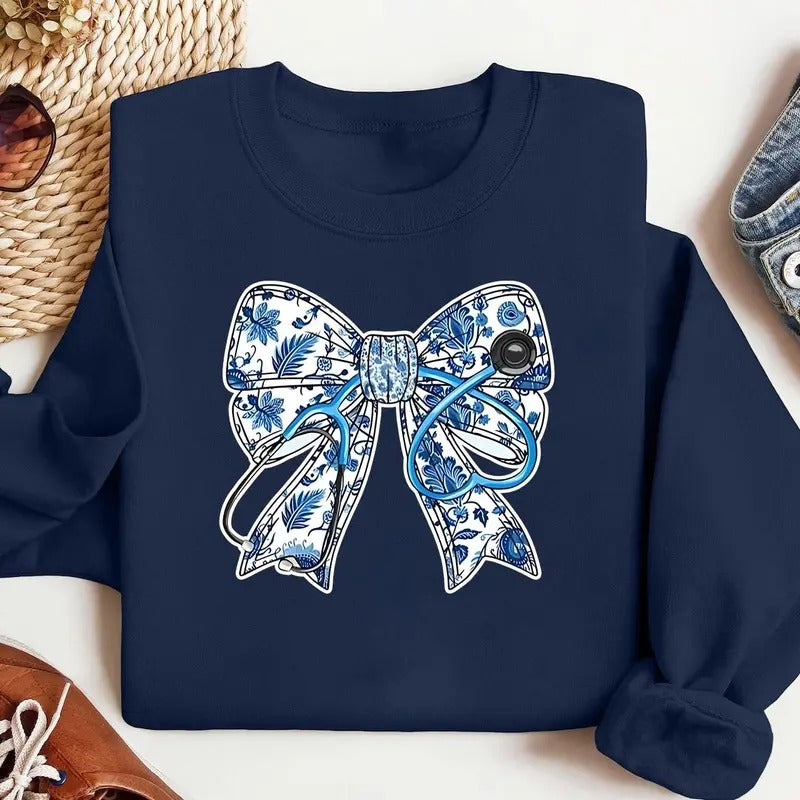 Nurse Stethoscope Bow Sweatshirt, Blue Ribbon Shirt for Nurses, Pullover, Fabric, Bow Sweatshirt, For Men, For Women, Casual Classic Fashion Cotton