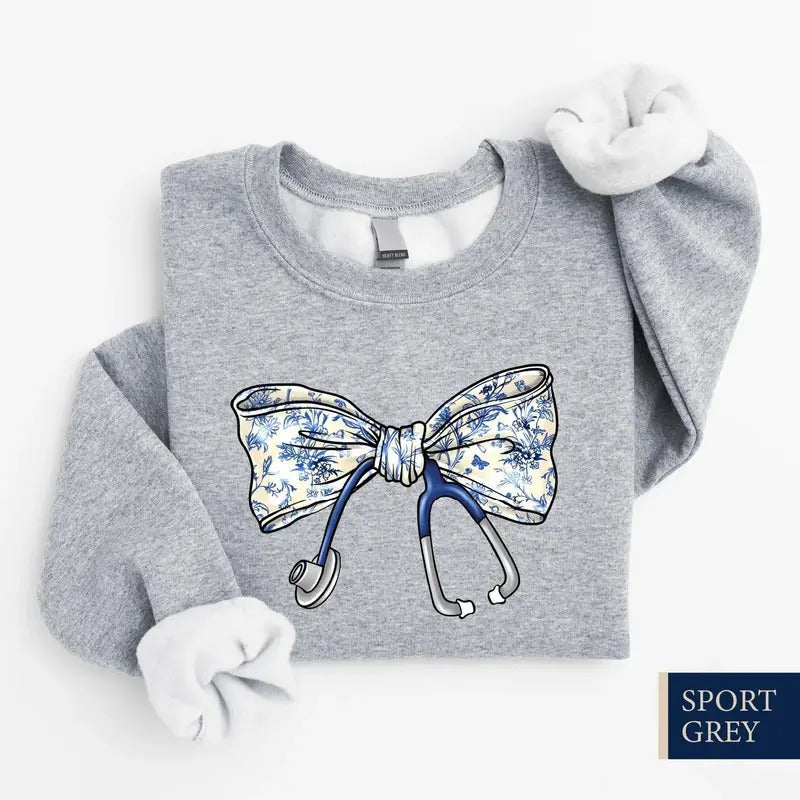 Nurse Toile Bow Sweatshirt, Stethoscope Bow Sweatshirt, Nurse Coquette Shirt, Gift for Nurse, Healthcare Professionals...