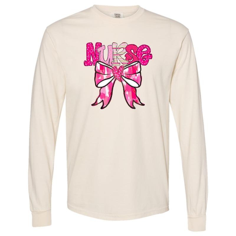 Nurse Valentine Coquette Long Sleeve Comfort Colors T-Shirt Hoodie, Sweatshirt | CiraTrend.com