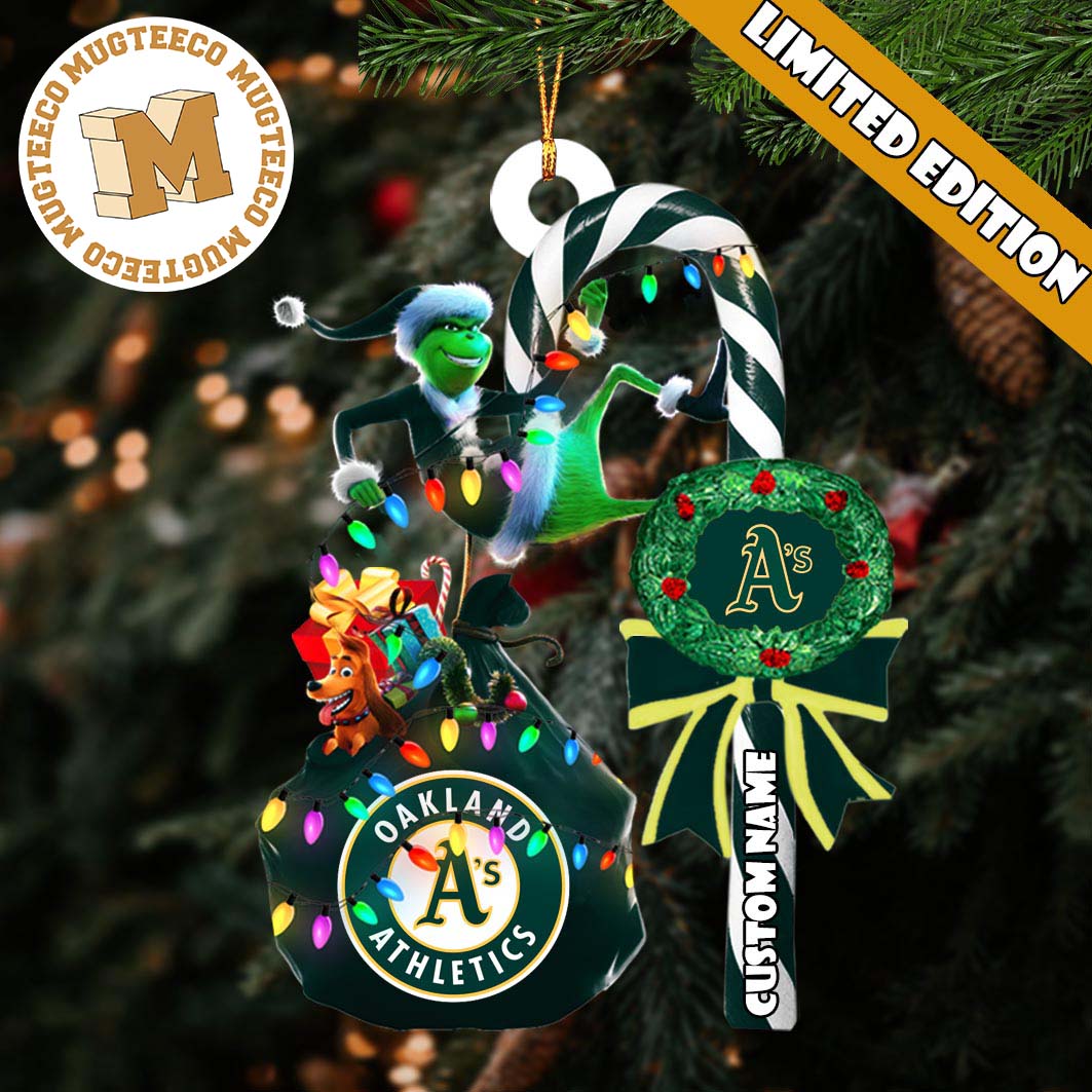 Oakland Athletics MLB Grinch Candy Cane Personalized Xmas Gifts Christmas Tree Decorations Ornament
