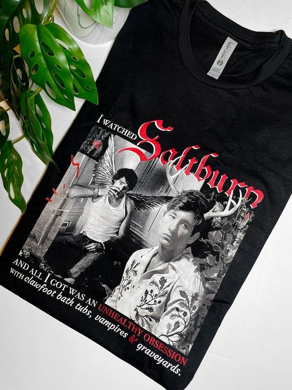 Obsessed With Saltburn Fan shirt, white and red ink, unisex shirt. Hoodie, Sweatshirt | CiraTrend.com