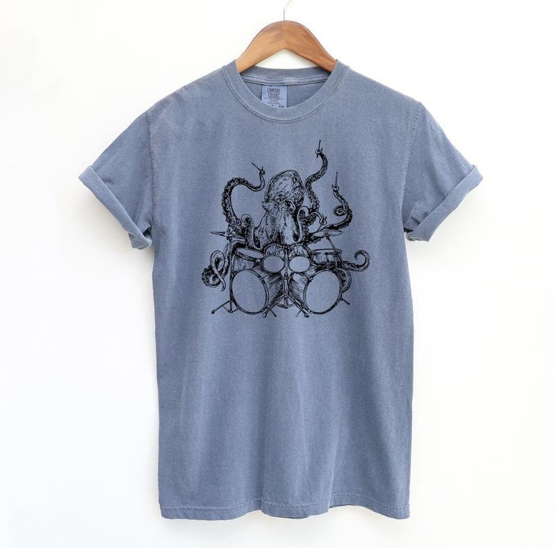 Octopus Drumming T Shirt, Meme Comfort Colors Shirt Menswear T-Shirt Hoodie, Sweatshirt | CiraTrend.com
