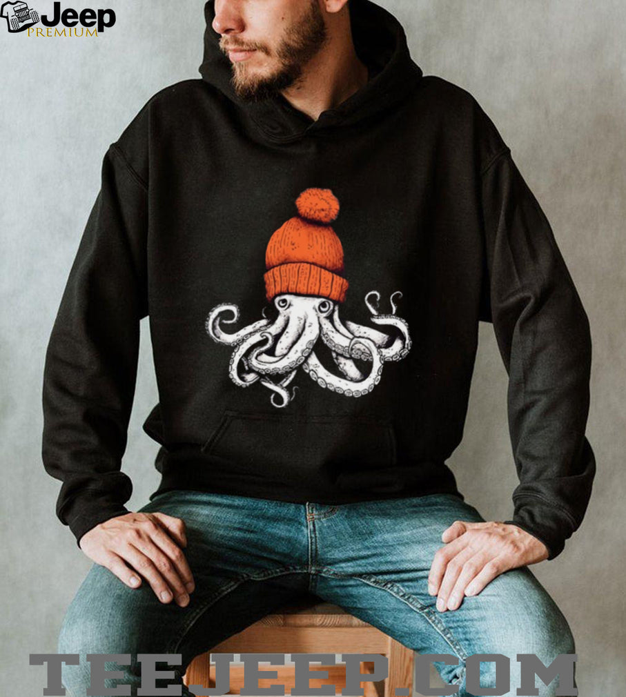 Octopus Wearing Orange Beanie Knit Hat T Shirt