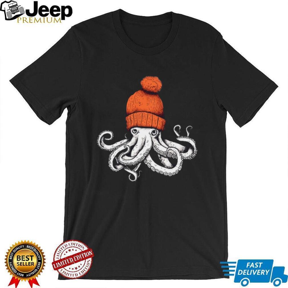 Octopus Wearing Orange Beanie Knit Hat T Shirt