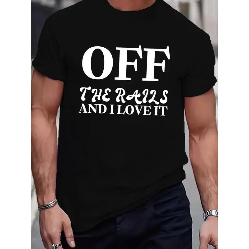 Off The Road And I Love It Letter Print Men's Short Sleeve Crew Neck T-Shirts, Comfy Casual Breathable Slightly Stretch...