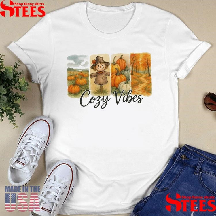Cozy Vibes Fall Montage Scarecrow Autumn Leaves Pumpkins T-Shirt