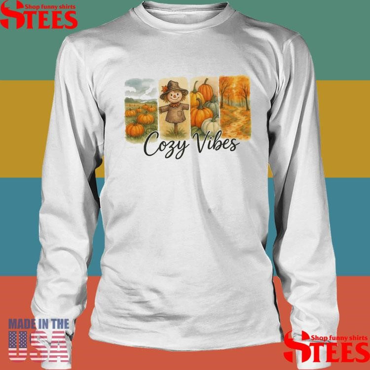 Cozy Vibes Fall Montage Scarecrow Autumn Leaves Pumpkins T-Shirt