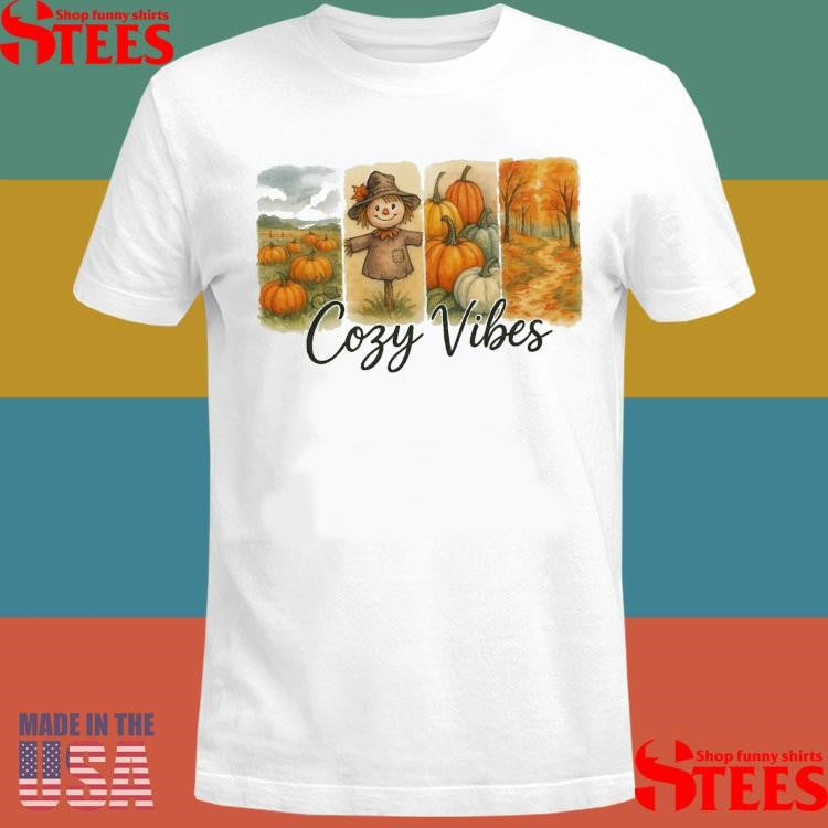 Cozy Vibes Fall Montage Scarecrow Autumn Leaves Pumpkins T-Shirt