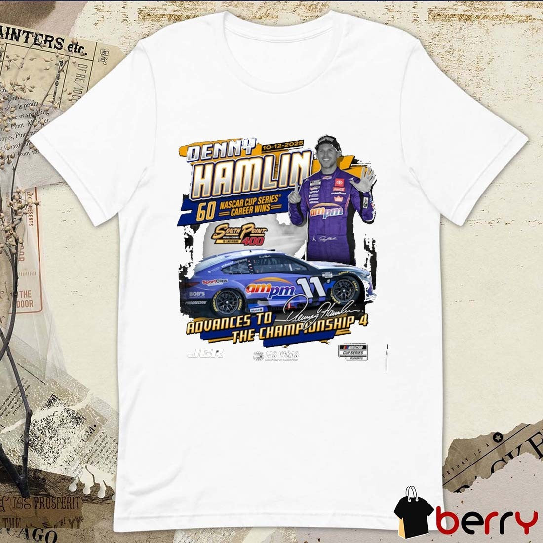 Denny Hamlin Checkered Flag Sports 10 12 2025 South Point 400 Race Winner Signature t-shirt
