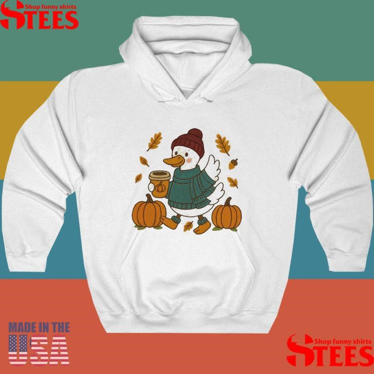 Fall Autumn Goose Latte Walk Faux Embroidery T-shirt