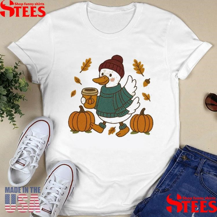Fall Autumn Goose Latte Walk Faux Embroidery T-shirt
