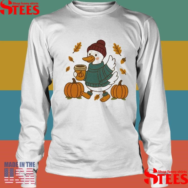 Fall Autumn Goose Latte Walk Faux Embroidery T-shirt