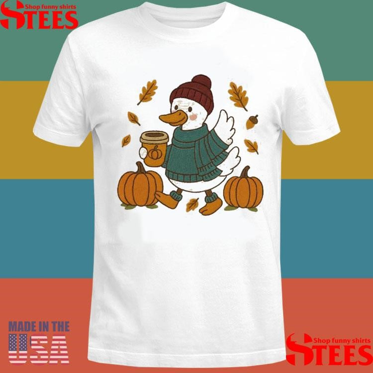Fall Autumn Goose Latte Walk Faux Embroidery T-shirt