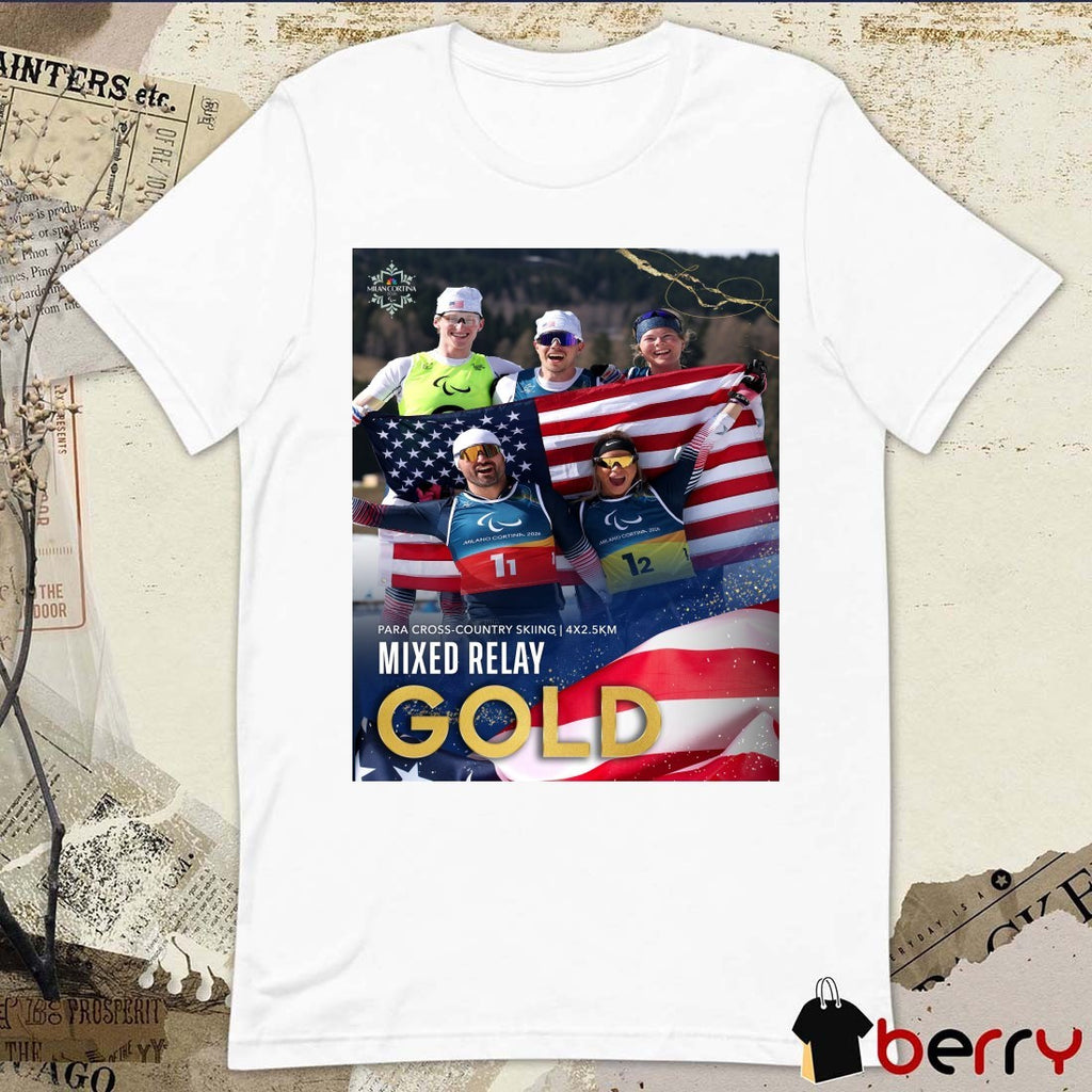 Jake Adicoff Reid Goble Joshua Sweeney Oksana Masters And Sydney Peterson Mixed Relay Gold Medal t-shirt